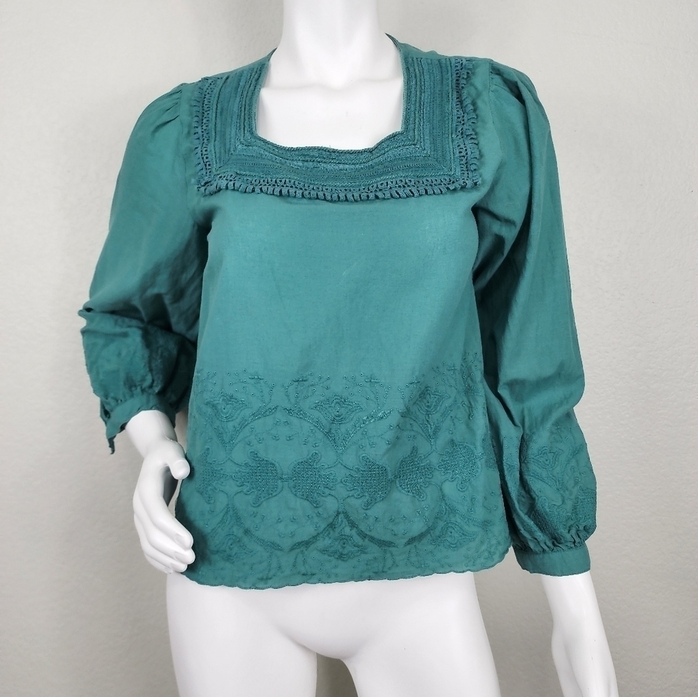 Zara Basic Green Square Neck Boho Embroidered 3/4… - image 2
